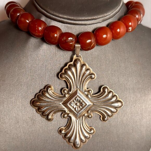 Maltese Cross Sterling Silver Carnelian Choker Necklace 925 Victorian Gift - Picture 1 of 8